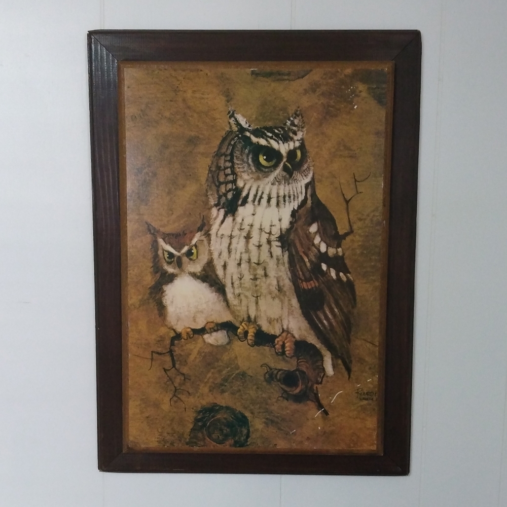 Richard Hinger Vintage 22” x 15” Screech Owl Art Print on Wood MCM Night Birds